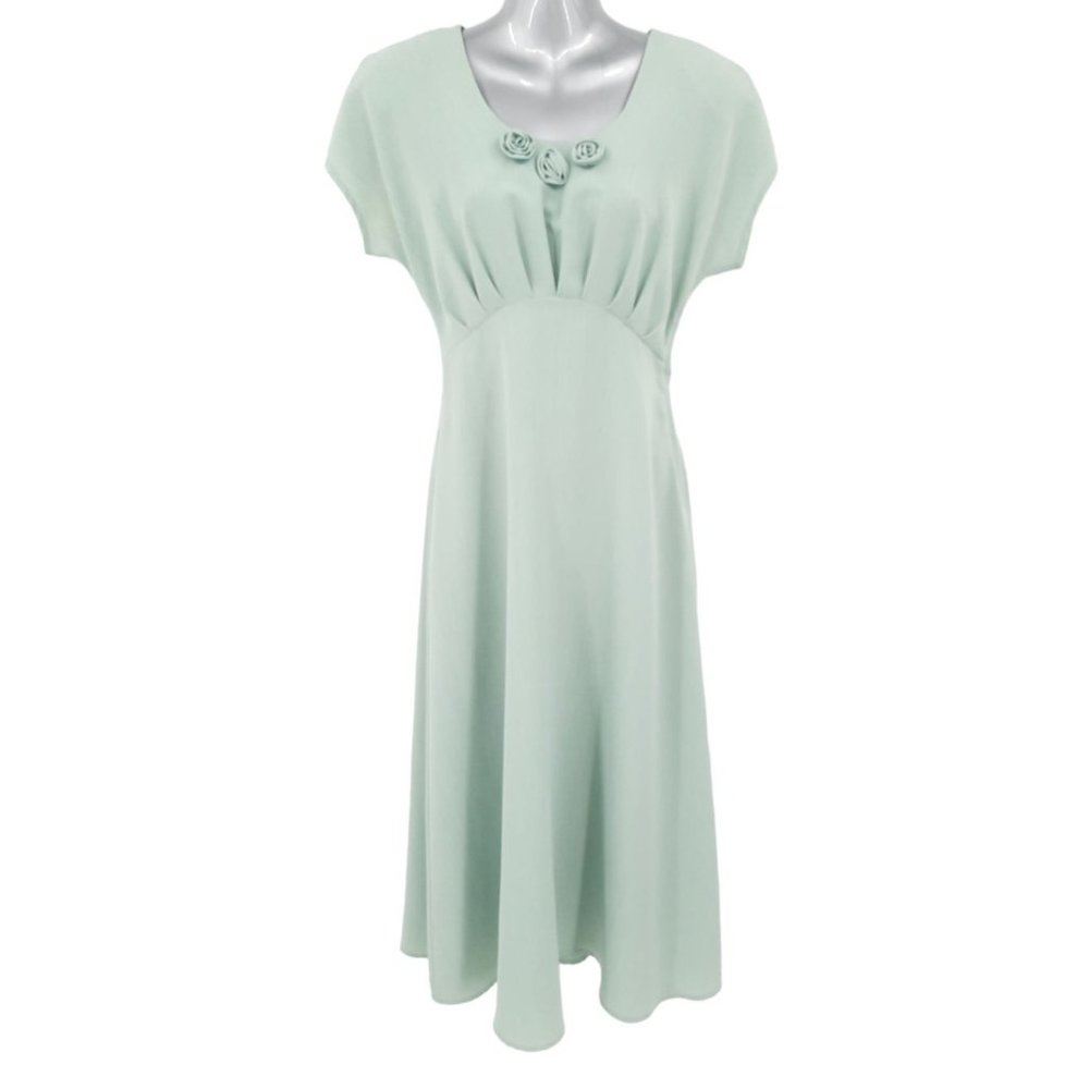 VTG 90s CDC Sage Green Short Sleeve Empire Waist Midi Dress Size 4 Pleated Roses - Picture 8 of 8